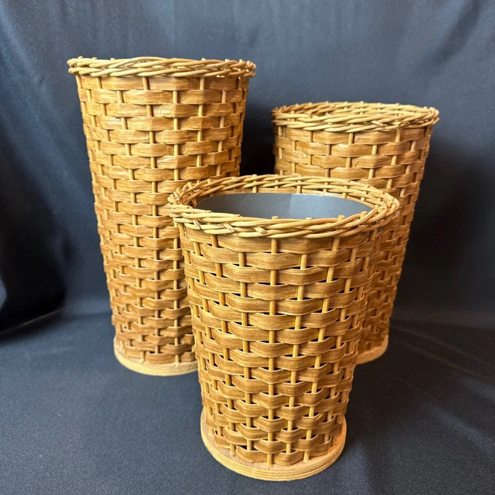 Vintage 3pc Set Woven Wicker Display Basket Vases w/ 2 Metal Liners 14